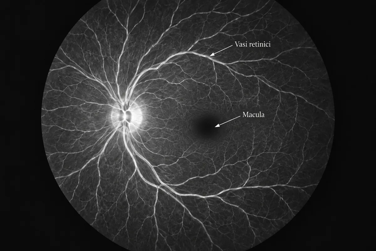 Illustrazione dei vasi retinici osservati mediante angiografia
