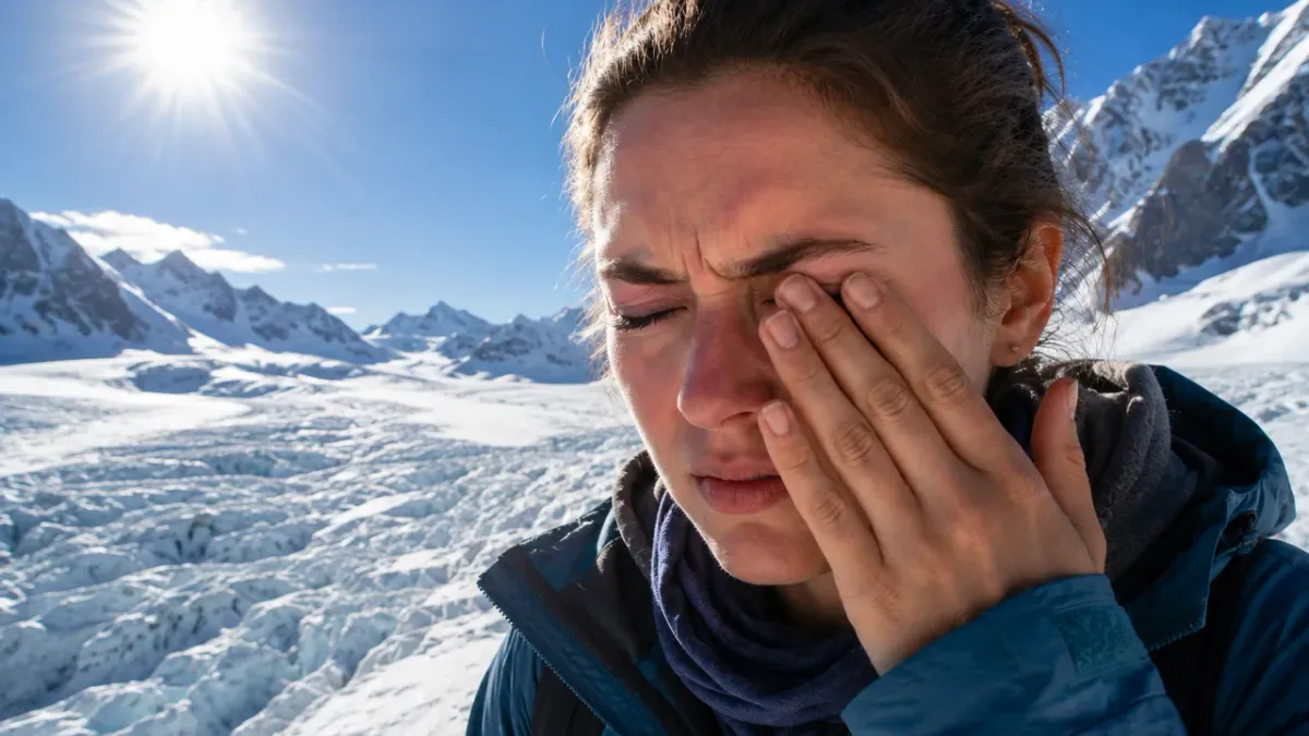 Occhio irritato dopo esposizione intensa ai raggi ultravioletti