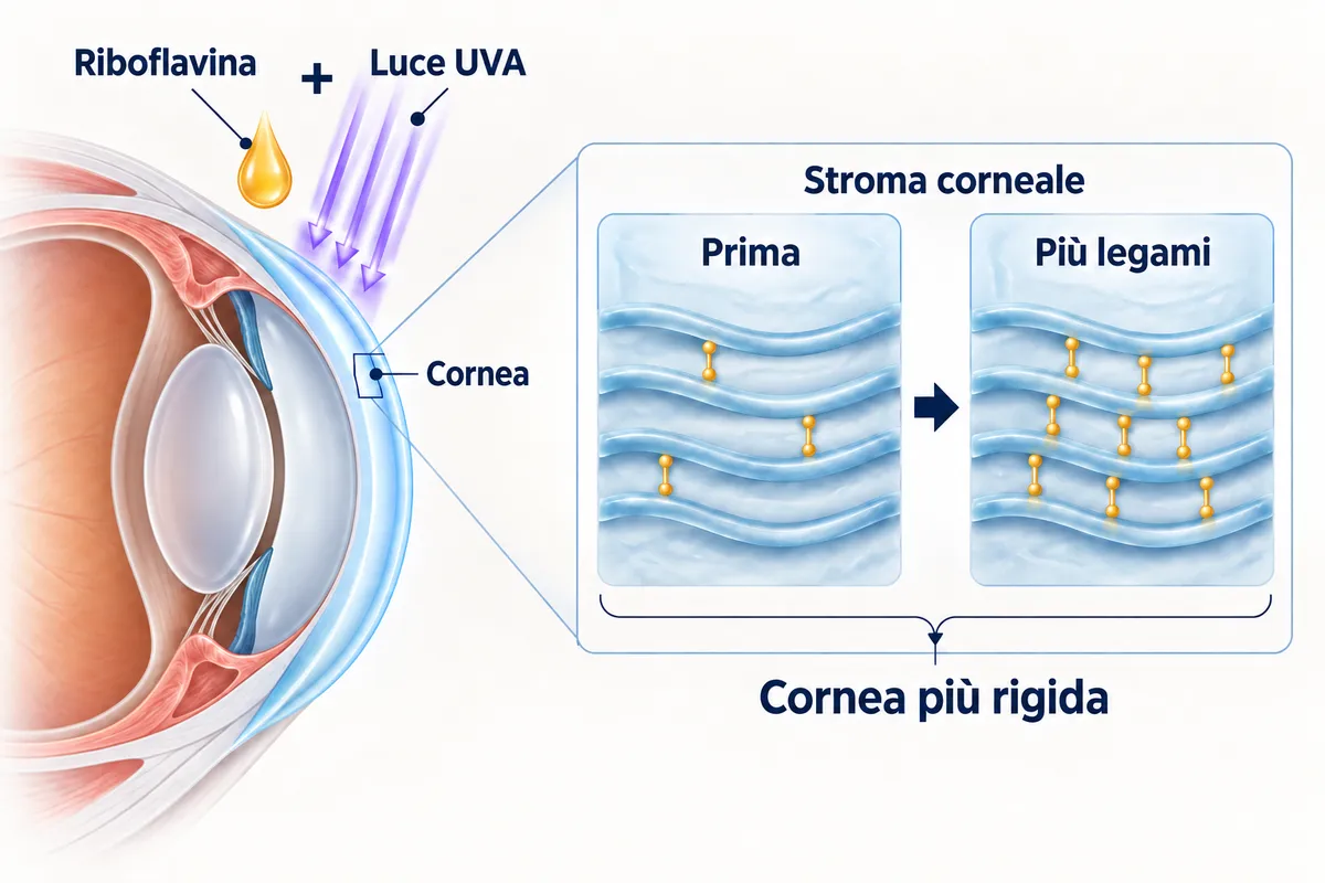 Schema di riboflavina e luce UVA che aumentano i legami nello stroma e la rigidità corneale