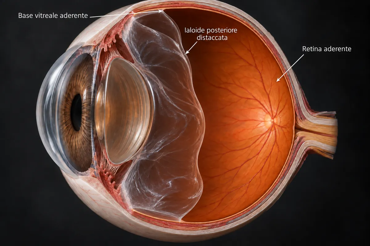 Vitreo distaccato posteriormente, con base vitreale aderente anche alla retina più periferica