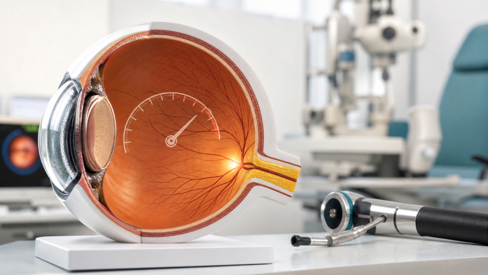 Illustrazione del nervo ottico e della pressione oculare nel glaucoma